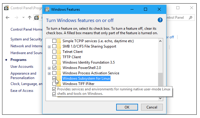 Windows Features toggle linux subsystem check box